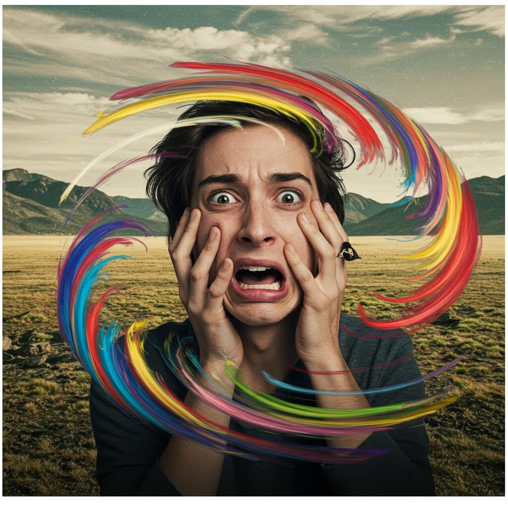 넓은 들판을 배경으로 얼굴을 감싼 채 놀란 표정을 짓는 사람 주변에 화려한 색의 원형 붓자국이 소용돌이치는 장면