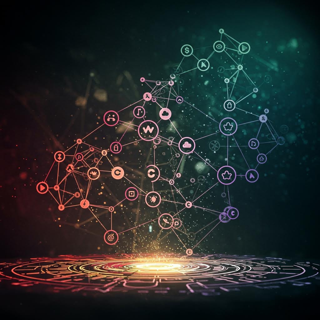 어두운 공간 위에 다채로운 빛의 아이콘들이 연결망을 이루며 중앙의 원형 패턴에서 퍼져 나가는 흐름