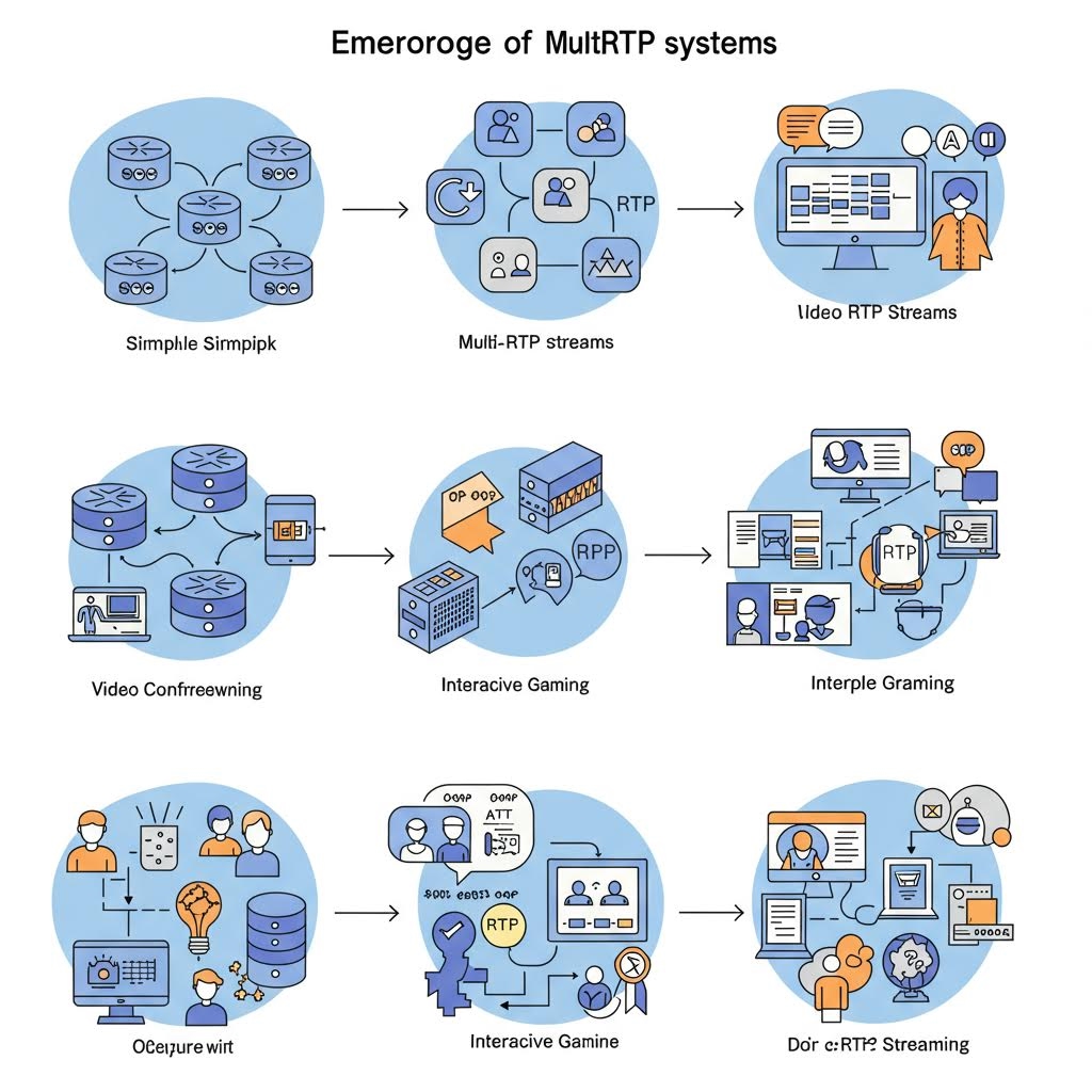 다양한 데이터 처리와 상호작용 과정이 아이콘과 화살표로 순차적으로 묘사된 기술적 전환 흐름