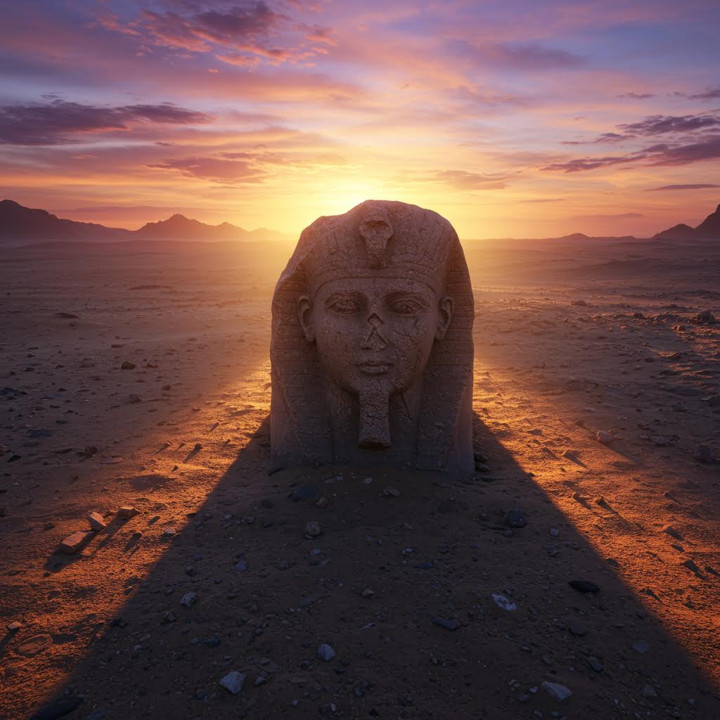 사막 위에 놓인 고대 조각상이 석양빛을 받으며 장엄한 역사적 존재감을 드러내는 풍경