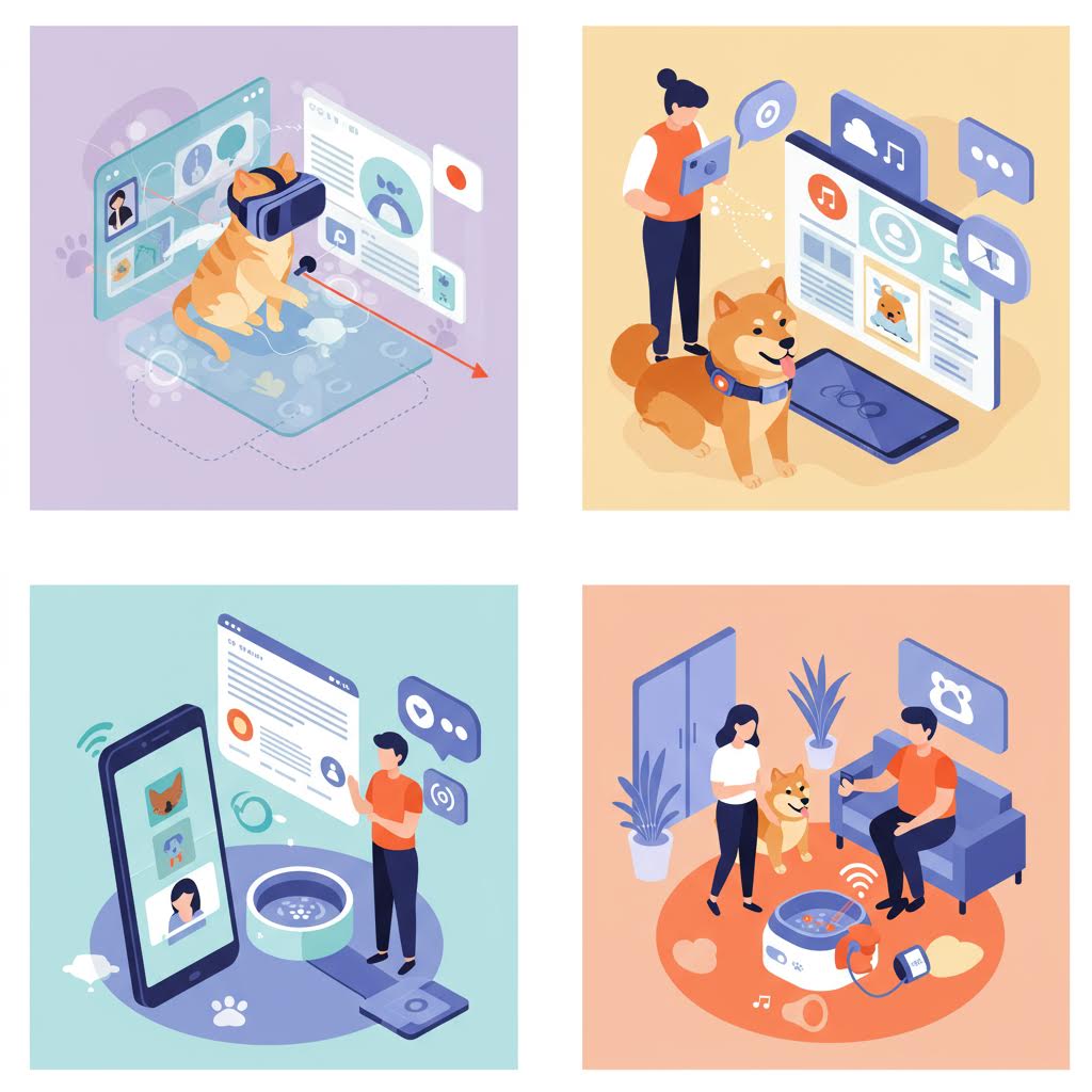 가상현실과 앱 화면 속 반려동물이 등장하며 디지털 혁명이 만든 새로운 소셜미디어 변화를 보여주는 모습
