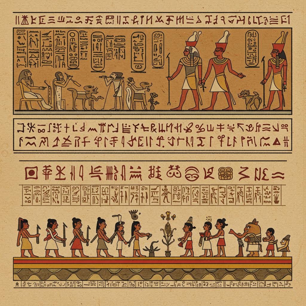 이집트 벽화 속 인물과 고양이가 같이 지내는 고대 문명의 생활과 신앙을 전하는 상징적 기록의 장면