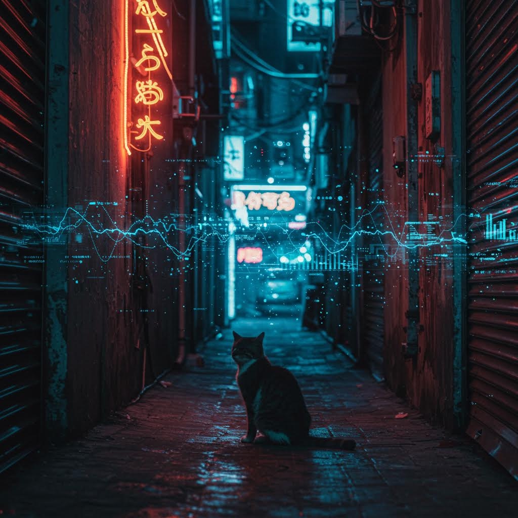 어두운 골목 한가운데에 고양이가 앉아 뒤쪽 네온 불빛과 젖은 바닥의 반사가 깊은 대비를 이루는 도시적 순간